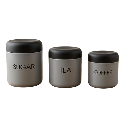 Premium Tea Sugar Coffee Canister Set of 3, Modern Grey Colour with Black Lids, Stainless Steel Matte Storage Jars, Ideal for Gifting, Dishwasher Safe
